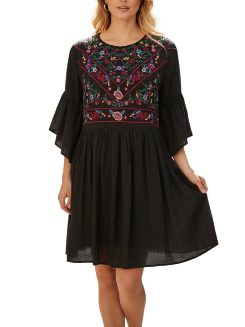 Umgee Ruffle Sleeve Embroidered Babydoll Mini Dress